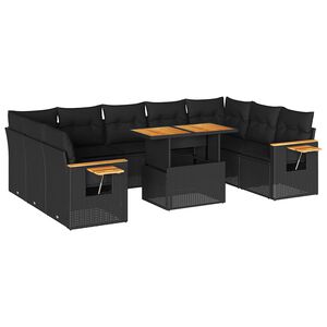vidaXL 10 Piece Garden Sofa Set with Cushions Black Poly Rattan Acacia