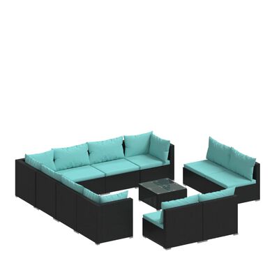 vidaXL 12 Piece Garden Lounge Set with Cushions Black Poly Rattan