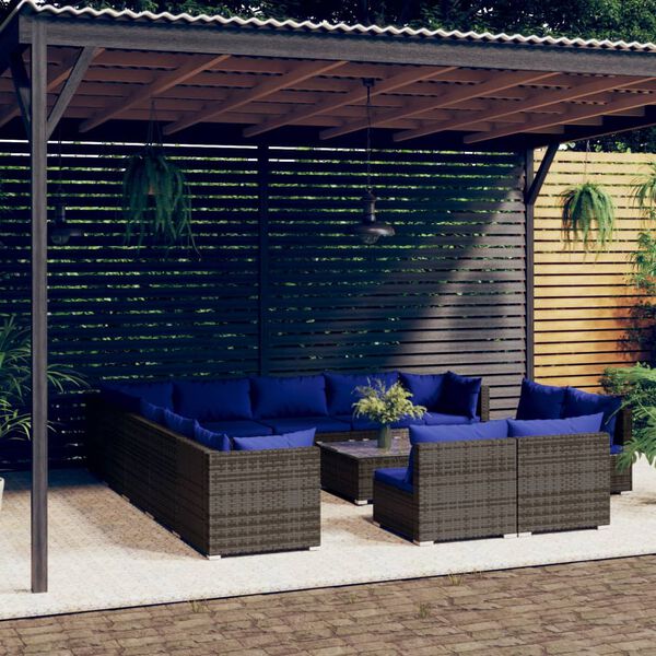 vidaXL 14 Piece Garden Lounge Set with Cushions Grey Poly Rattan