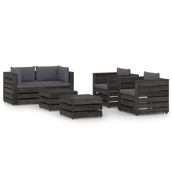 vidaXL 6 Piece Garden Lounge Set with Cushions Grey Impregnated Wood