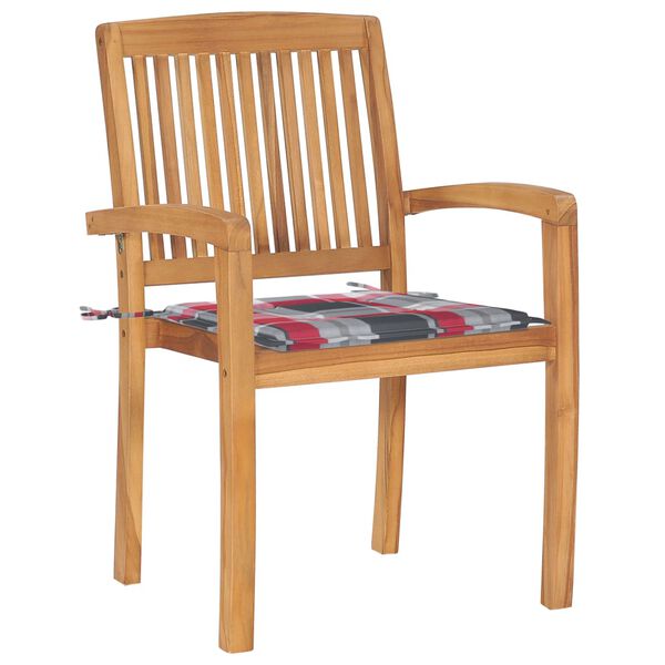 vidaXL Garden Chairs 2 pcs Red Check Pattern Cushions Solid Teak Wood