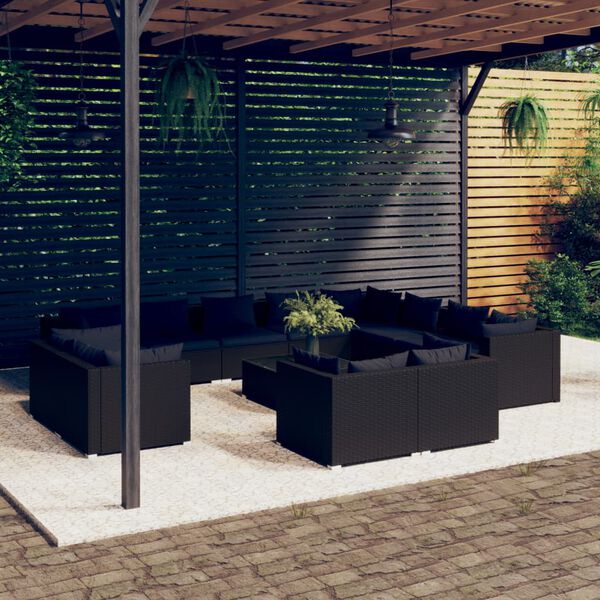 vidaXL 13 Piece Garden Lounge Set with Cushions Black Poly Rattan