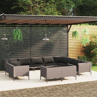 vidaXL 12 Piece Garden Lounge Set with Cushions Poly Rattan Dark Grey