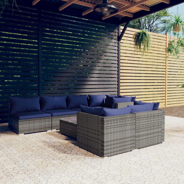 vidaXL 8 Piece Garden Lounge Set with Cushions Grey Poly Rattan