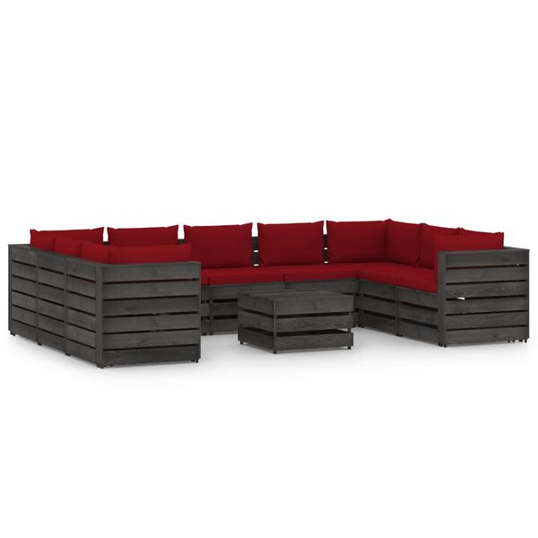 vidaXL 10 Piece Garden Lounge Set with Cushions Grey Impregnated Wood