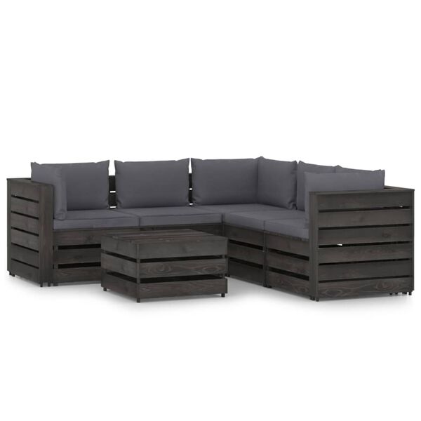vidaXL 6 Piece Garden Lounge Set with Cushions Grey Impregnated Wood