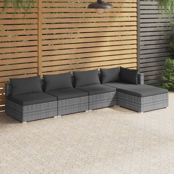 vidaXL 5 Piece Garden Lounge Set with Cushions Poly Rattan Grey