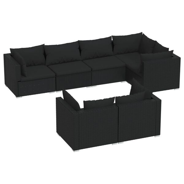 vidaXL 7 Piece Garden Lounge Set with Cushions Black Poly Rattan
