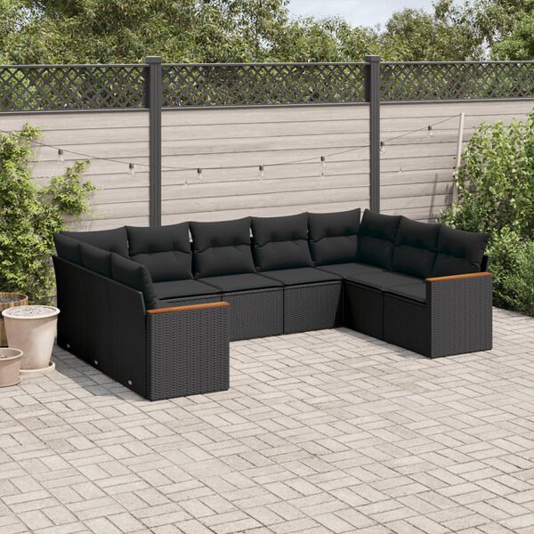 vidaXL 9 Piece Garden Sofa Set with Cushions Black Poly Rattan