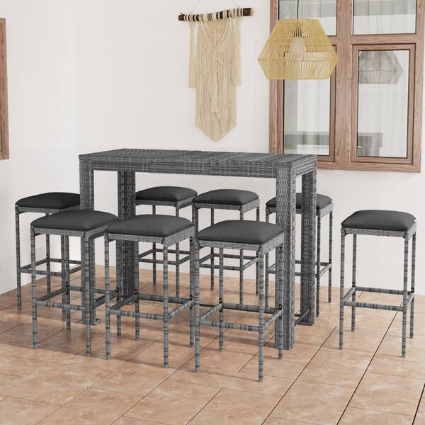 vidaXL 9 Piece Garden Bar Set with Cushions Poly Rattan Grey