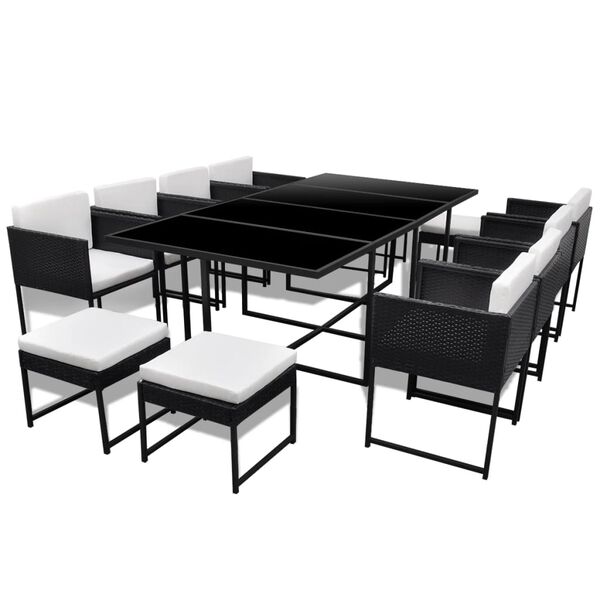 vidaXL 13 Piece Outdoor Dining Set with Cushions Poly Rattan Black