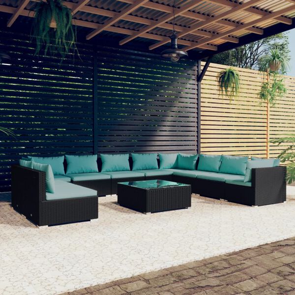 vidaXL 11 Piece Garden Lounge Set with Cushions Black Poly Rattan