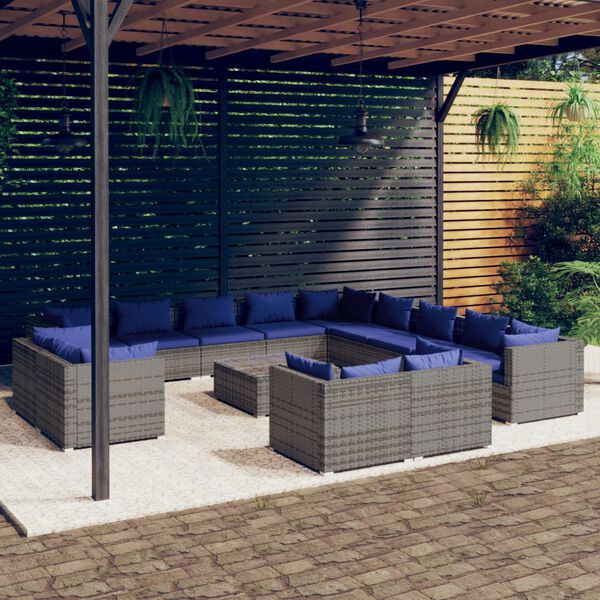 vidaXL 14 Piece Garden Lounge Set with Cushions Grey Poly Rattan