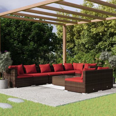 vidaXL 9 Piece Garden Lounge Set with Cushions Brown Poly Rattan