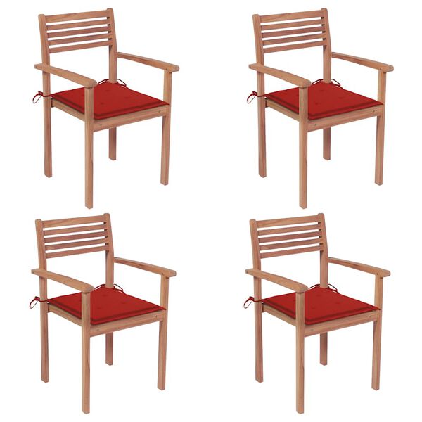 vidaXL Garden Chairs 4 pcs with Red Cushions Solid Teak Wood