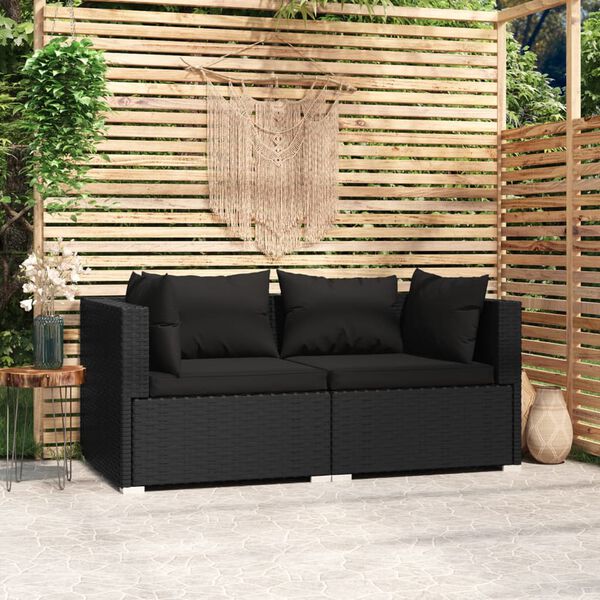 vidaXL 2-Seater Sofa with Cushions Black Poly Rattan