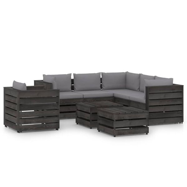 vidaXL 8 Piece Garden Lounge Set with Cushions Grey Impregnated Wood