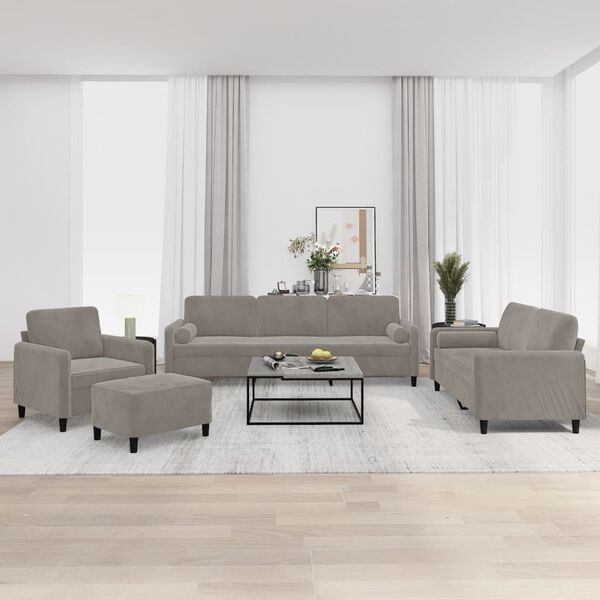 vidaXL 4 Piece Sofa Set with Throw Pillows&Cushions Light Grey Velvet