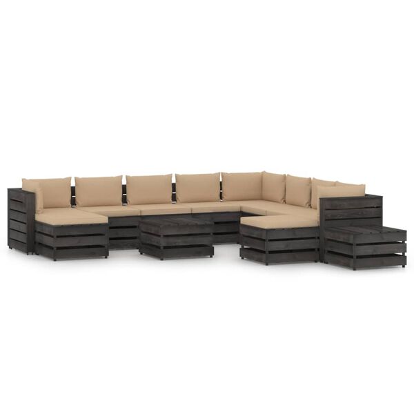vidaXL 12 Piece Garden Lounge Set with Cushions Grey Impregnated Wood