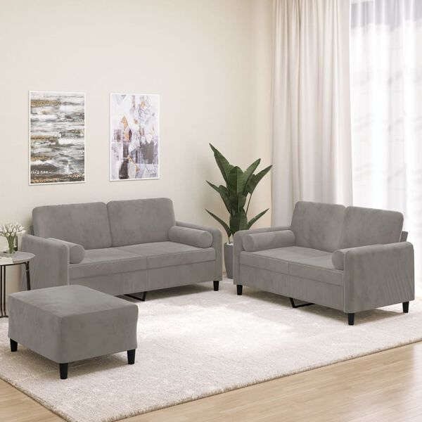 vidaXL 3 Piece Sofa Set with Throw Pillows&Cushions Light Grey Velvet