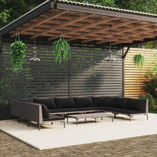 vidaXL 10 Piece Garden Lounge Set with Cushions Poly Rattan Dark Grey