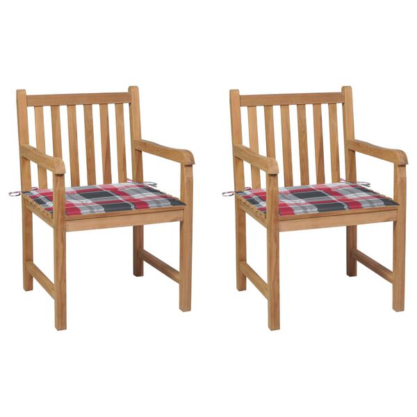 vidaXL Garden Chairs 2 pcs Red Check Pattern Cushions Solid Teak Wood