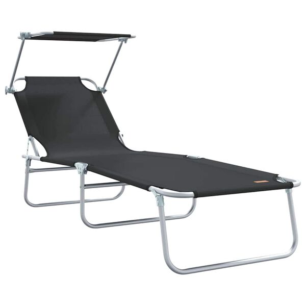 vidaXL Folding Sun Lounger with Canopy Steel and Fabric Black