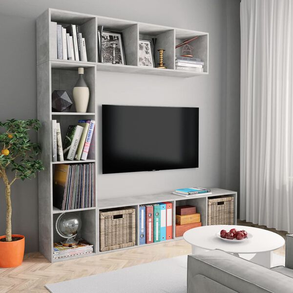 vidaXL 3 Piece Book/TV Cabinet Set Concrete Grey 180x30x180 cm