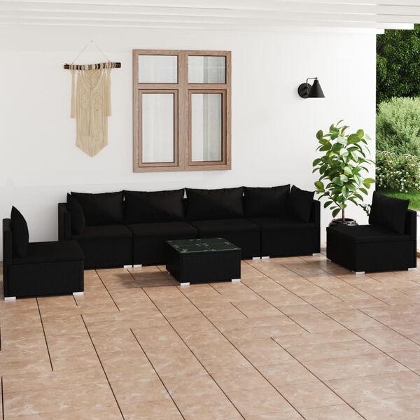 vidaXL 7 Piece Garden Lounge Set with Cushions Poly Rattan Black