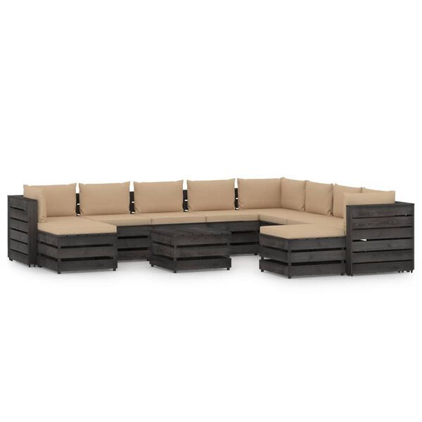 vidaXL 11 Piece Garden Lounge Set with Cushions Grey Impregnated Wood