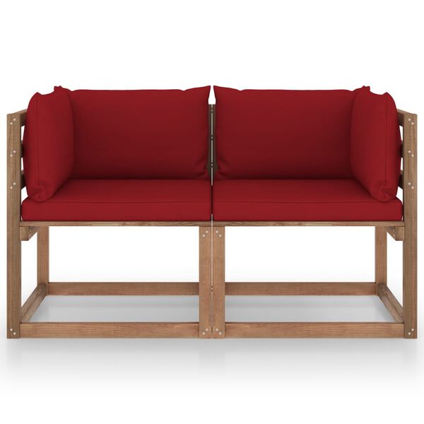 vidaXL Garden 2-Seater Pallet Sofa with Wine Red Cushions Pinewood