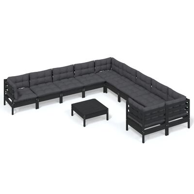vidaXL 11 Piece Garden Lounge Set with Cushions Black Pinewood