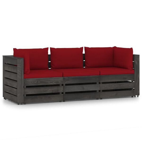 vidaXL 3-Seater Garden Sofa with Cushions Grey Impregnated Wood
