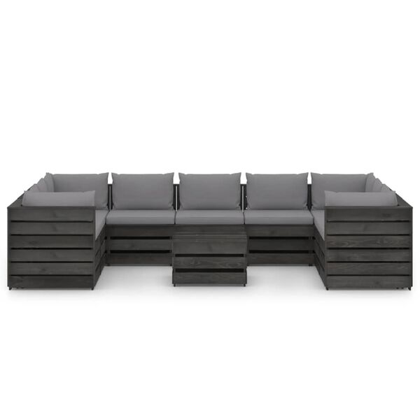 vidaXL 10 Piece Garden Lounge Set with Cushions Grey Impregnated Wood