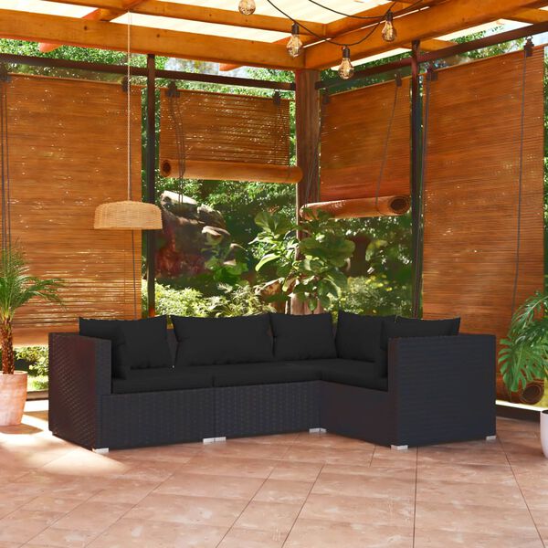 vidaXL 4 Piece Garden Lounge Set with Cushions Poly Rattan Black