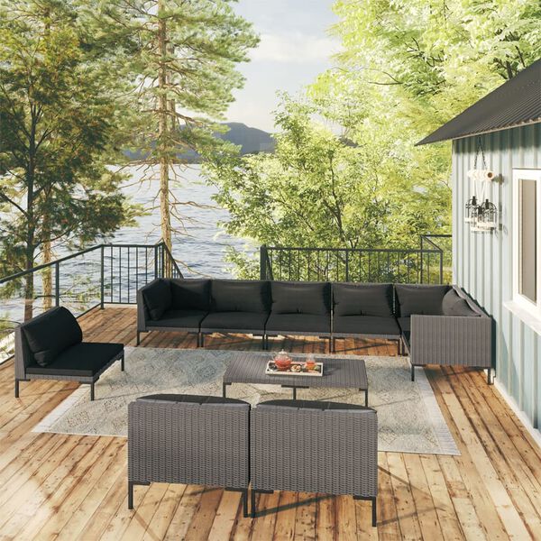 vidaXL 10 Piece Garden Lounge Set with Cushions Poly Rattan Dark Grey