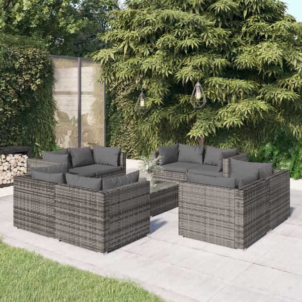 vidaXL 9 Piece Garden Lounge Set with Cushions Poly Rattan Grey