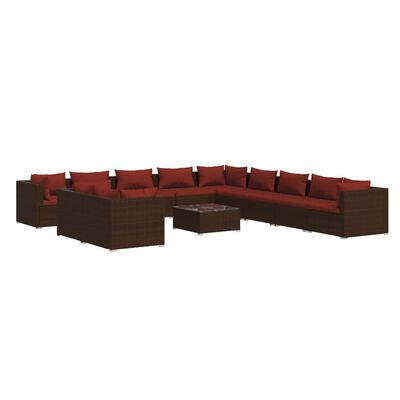 vidaXL 12 Piece Garden Lounge Set with Cushions Brown Poly Rattan