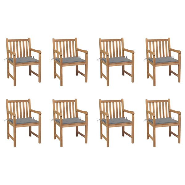 vidaXL Garden Chairs 8 pcs with Grey Cushions Solid Teak Wood