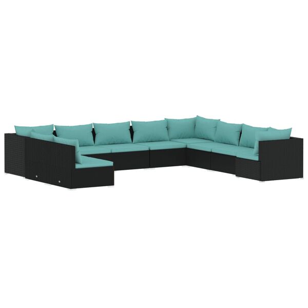 vidaXL 10 Piece Garden Lounge Set with Cushions Black Poly Rattan