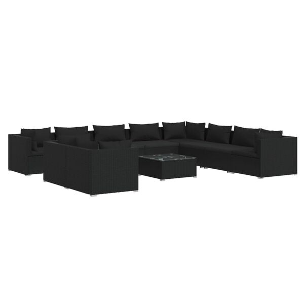 vidaXL 11 Piece Garden Lounge Set with Cushions Black Poly Rattan