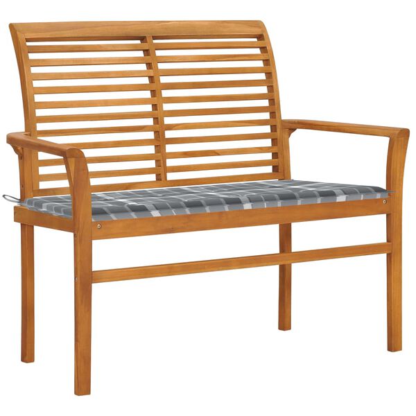 vidaXL Garden Bench Grey Check Pattern Cushion 112 cm Solid Teak Wood