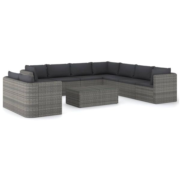 vidaXL 10 Piece Garden Lounge Set with Cushions Poly Rattan Grey