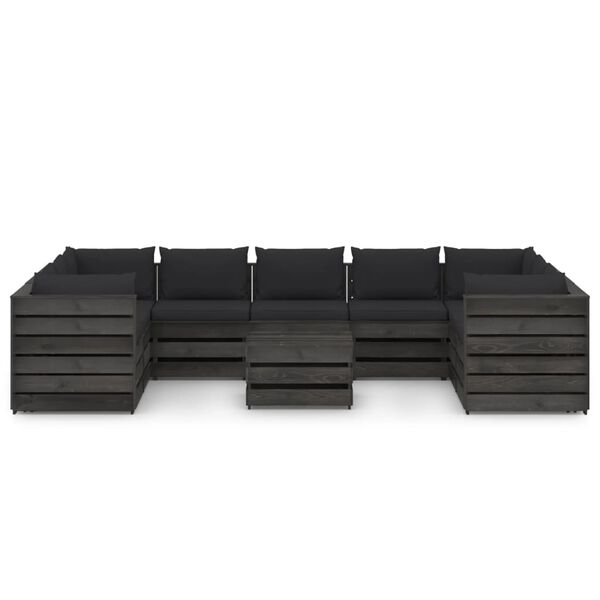 vidaXL 10 Piece Garden Lounge Set with Cushions Grey Impregnated Wood