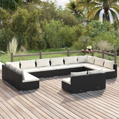 vidaXL 12 Piece Garden Lounge Set with Cushions Black Poly Rattan