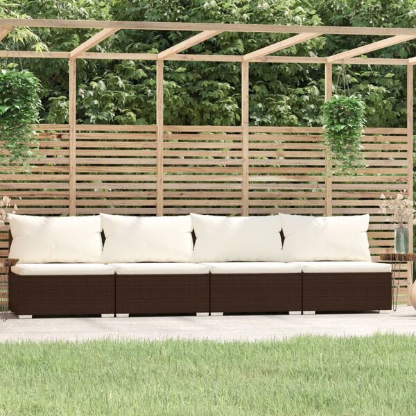 vidaXL 4-Seater Sofa with Cushions Brown Poly Rattan