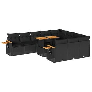vidaXL 10 Piece Garden Sofa Set with Cushions Black Poly Rattan Acacia