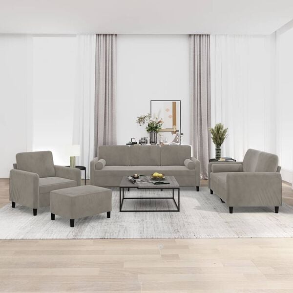 vidaXL 4 Piece Sofa Set with Throw Pillows&Cushions Light Grey Velvet