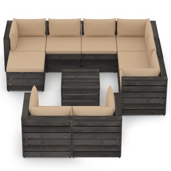 vidaXL 10 Piece Garden Lounge Set with Cushions Grey Impregnated Wood