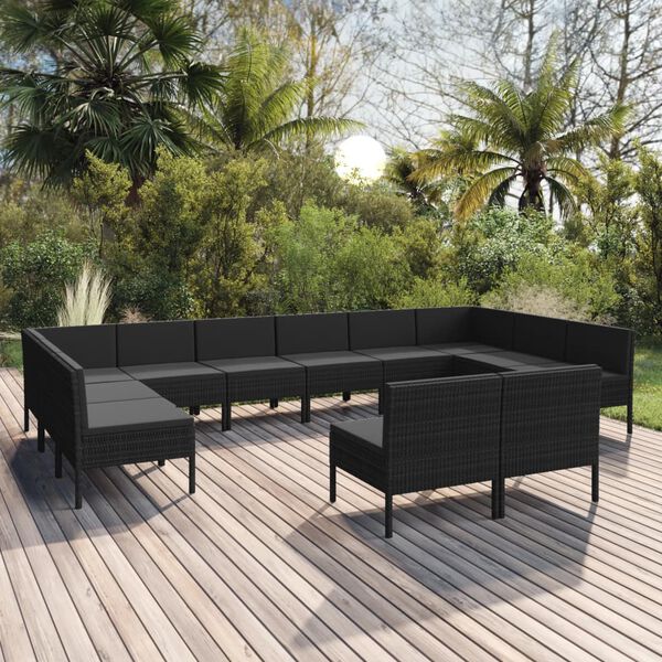 vidaXL 12 Piece Garden Lounge Set with Cushions Poly Rattan Black